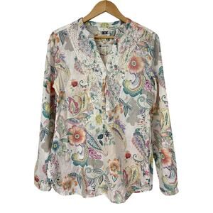 Malvin “I Love Linen” Floral V-Neck Popover Long Sleeve Tunic Blouse Top Size M